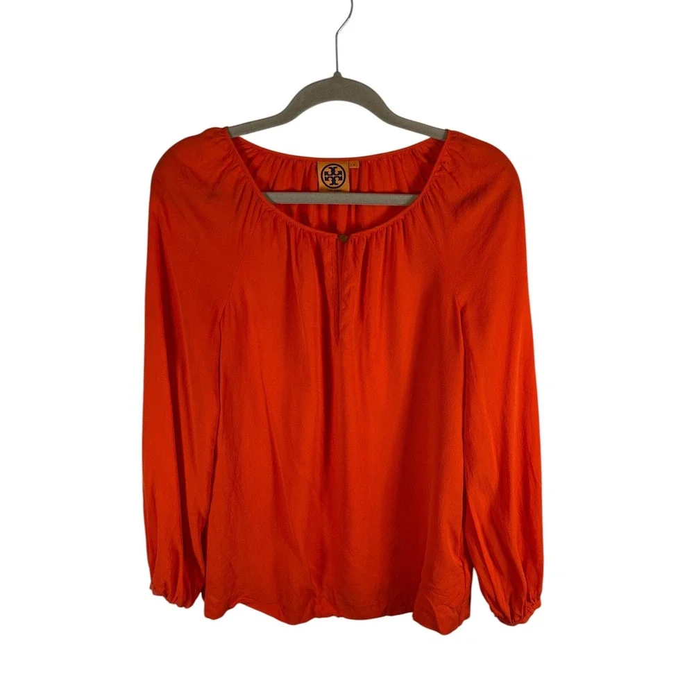 Tory Burch Orange 100% Silk Long Sleeve Blouse Top Style 11111168 Womens Size 2 - Picture 2 of 12